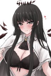 Rule 34 | 1girl, arknights, black bra, black eyes, black hair, blush, bra, breasts, cleavage, commentary, highres, large breasts, long hair, looking at viewer, midriff, namikare, shirt, smile, solo, symbol-only commentary, underwear, upper body, virtuosa (arknights), white shirt