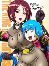 Rule 34 | &gt;:d, 2girls, :d, ;d, belt, black gloves, blue hair, blunt bangs, bracelet, breasts, cleavage, cowboy shot, earrings, elbow gloves, gloves, heart, heart earrings, highres, hug, hug from behind, jewelry, kula diamond, large breasts, long hair, looking at another, military, military uniform, multiple girls, okyou, one eye closed, open mouth, parted bangs, red eyes, red hair, short hair, smile, snk, the king of fighters, the king of fighters xiv, uniform, v-shaped eyebrows, whip, whip (kof)