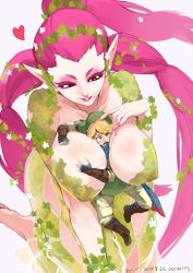 Rule 34 | 1boy, 1girl, ario, between breasts, breasts, covered erect nipples, giant, giantess, great fairy (zelda), heart, hyrule warriors, large breasts, link, lips, long hair, mole, mole under mouth, nail polish, nintendo, parted lips, person between breasts, pink hair, pink nails, pointy ears, ponytail, red eyes, scarf, simple background, smile, the legend of zelda, the legend of zelda: ocarina of time, very long hair, white background