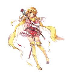Rule 34 | 1girl, belt, blonde hair, brown eyes, cape, earrings, elbow gloves, fire emblem, fire emblem: genealogy of the holy war, fire emblem heroes, full body, gloves, highres, holding, injury, jewelry, lachesis (fire emblem), long hair, miwabe sakura, nintendo, official art, ryona, solo, staff, standing, sword, thighhighs, torn clothes, transparent background, weapon, white background, zettai ryouiki