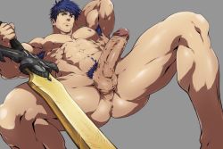 Rule 34 | 1boy, abs, anus, armpit hair, armpits, ass, bara, biceps, blue eyes, blue hair, body hair, completely nude, dizdoodz, erection, feet out of frame, fire emblem, headband, highres, holding, holding sword, holding weapon, ike (fire emblem), large pectorals, looking at viewer, lying, male focus, male pubic hair, muscular, muscular male, navel, navel hair, nintendo, nipples, nude, on back, pectorals, penis, pubic hair, short hair, solo, spread legs, sword, testicles, thick thighs, thighs, uncensored, veins, veiny penis, weapon