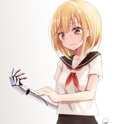 Rule 34 | 1girl, amputee, blonde hair, blush, closed mouth, gradient background, highres, looking at viewer, mechanical arms, neckerchief, original, piripun, prosthesis, red eyes, red neckerchief, school uniform, serafuku, shirt, short hair, short sleeves, signature, single mechanical arm, skirt, solo, tearing up, tears, upper body