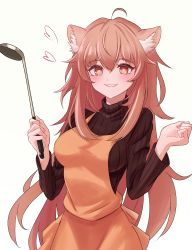 Rule 34 | 1girl, :d, absurdres, animal ear fluff, animal ears, apron, arknights, black sweater, commentary request, gravel (arknights), hands up, heart, highres, holding, holding ladle, jacket, ladle, long sleeves, looking at viewer, medium hair, mouse ears, off shoulder, open clothes, open jacket, open mouth, orange apron, pink eyes, pink hair, ribbed sweater, shino duka, simple background, smile, solo, sweater, turtleneck, turtleneck sweater, upper body, white background