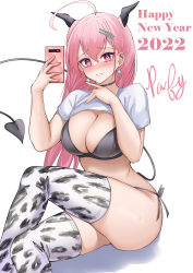 Rule 34 | 1girl, 2022, absurdres, animal print, blush, bra, breasts, cellphone, choker, cleavage, clothes lift, demon girl, demon horns, demon tail, earrings, hair ornament, hairpin, happy new year, heart, heart-shaped pupils, highres, horns, jewelry, large breasts, crossed legs, looking at viewer, mole, mole under eye, new year, original, panty straps, parfait desu, parfy (parfait ehmy), phone, pink eyes, pink hair, selfie, shirt lift, solo, sweat, sweatdrop, symbol-shaped pupils, tail, thick thighs, thighs, thong, tiger print, underwear
