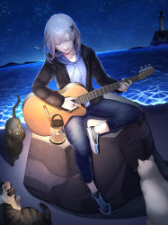 Rule 34 | 1girl, absurdres, beach, black jacket, blue eyes, blue pants, cat, grey hair, guitar, highres, holding, holding instrument, hood, hoodie, instrument, jacket, lantern, lighthouse, looking away, medium hair, music, night, night sky, open clothes, open jacket, open mouth, original, otoma safu, outdoors, pants, playing instrument, rock, shoes, sitting, sitting on rock, sky, smile, solo, star (sky), starry sky, white hoodie