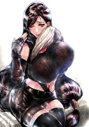 Rule 34 | 1girl, black hair, breasts, brown eyes, clothes lift, final fantasy, final fantasy vii, final fantasy vii remake, fingerless gloves, gloves, highres, huge breasts, long hair, low-tied long hair, midriff, navel, one eye closed, shirt lift, solo, square enix, sweat, thighhighs, tifa lockhart, tongue, tongue out, warainaku, wink, wiping face