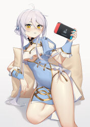 Rule 34 | 1girl, absurdres, acacia (snowbreak), acacia - kaguya (snowbreak), ahoge, black pantyhose, blue dress, breasts, china dress, chinese clothes, chinese commentary, commentary request, dress, grey hair, hair between eyes, handheld game console, highres, holding, legs, liu zhu, long hair, looking at viewer, medium breasts, nintendo switch, official alternate costume, panties, pantyhose, pillow, puffy short sleeves, puffy sleeves, short sleeves, side-tie panties, side slit, simple background, sitting, snowbreak: containment zone, solo, thighs, underboob, underwear, white background, wrist cuffs, yellow eyes