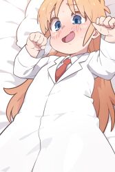 Rule 34 | 1girl, bed sheet, blonde hair, blue eyes, blush, coat, commentary, cowboy shot, english commentary, hands up, highres, kotatsu 799, long hair, long sleeves, looking at viewer, lying, necktie, nichijou, nose blush, on back, open mouth, paw pose, pillow, professor shinonome, red necktie, shirt, tamama (pixiv80097934), white coat, white shirt