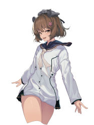 Rule 34 | 1girl, bad id, bad twitter id, brown eyes, brown hair, cropped legs, dress, flower, grey neckerchief, hair flower, hair ornament, headgear, highres, kantai collection, legs together, long sleeves, neckerchief, open mouth, oweee, sailor collar, sailor dress, short hair, simple background, solo, thighs, white background, yukikaze (kancolle), yukikaze kai ni (kancolle)
