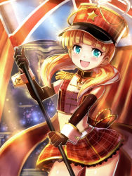 Rule 34 | 10s, 1girl, :d, band uniform, black gloves, blonde hair, blush, contrapposto, cowboy shot, edobox, elbow gloves, flag, gloves, green eyes, happy, idolmaster, idolmaster cinderella girls, light rays, long sleeves, looking at viewer, mary cochran, open mouth, plaid, plaid skirt, red skirt, skirt, smile, standing, thighs, union jack, wrist cuffs