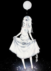 Rule 34 | 1girl, black background, black eyes, black footwear, child, collarbone, commentary, commentary request, dress, dripping, flower, flower request, frilled dress, frills, full moon, hair between eyes, highres, holding, holding clothes, holding dress, long hair, moon, original, oseto (oxxsexxto), see-through, see-through dress, sleeveless, solo, wet, wet clothes, wet dress, wet hair, white dress, white flower, white hair