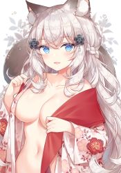 Rule 34 | 1girl, animal ear fluff, animal ears, ayuanlv, blue eyes, braid, breasts, cat ears, cleavage, collarbone, floral print, flower, hair flower, hair ornament, japanese clothes, kimono, large breasts, large tail, long hair, looking at viewer, navel, no bra, open clothes, open kimono, open mouth, original, silver hair, smile, solo, stomach, tail, upper body, white kimono, wide sleeves