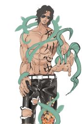 Rule 34 | 1boy, abs, aramaki (ryokugyu), artist request, black hair, body writing, devil fruit, full body, highres, looking at viewer, military, military uniform, muscular, one piece, pants, pectorals, plant, print pants, serious, short hair, simple background, smoking, sunglasses, uniform, vines
