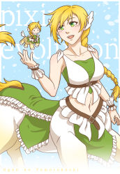 Rule 34 | 2girls, :d, artist name, bad id, bad pixiv id, bare shoulders, belt, blonde hair, blue background, blush, braid, breasts, brown belt, centaur, chibi, collarbone, commentary request, cowboy shot, crop top, dress, dual persona, eyebrows hidden by hair, full body, green dress, green eyes, green tube top, hair between eyes, hand up, highres, hooves, horse tail, large breasts, long hair, looking at another, midriff, monster girl, multiple girls, multiple legs, navel, ogon no tomorokoshi, open mouth, original, sidelocks, sleeveless, sleeveless dress, smile, standing, strapless, tail, taur, tube top, underbust, white dress, wing ears, wrist cuffs
