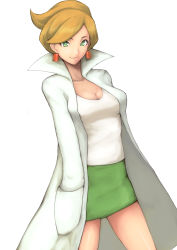 Rule 34 | 10s, 1girl, absurdres, aurea juniper, blonde hair, breasts, brown hair, cleavage, creatures (company), earrings, game freak, green eyes, hand in pocket, hands in pockets, highres, jewelry, lab coat, large breasts, light brown hair, looking at viewer, miniskirt, nintendo, pencil skirt, poke ball, pokemon, pokemon bw, popped collar, short hair, simple background, skirt, smile, solo, suzuki (pixiv1277943), white background