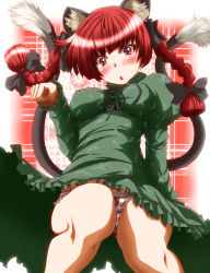 Rule 34 | 1girl, animal ears, blush, bow, braid, cat ears, cat girl, cat tail, female focus, hair bow, highres, kaenbyou rin, long hair, long sleeves, multiple tails, open mouth, panties, puffy sleeves, red eyes, red hair, solo, striped clothes, striped panties, tail, touhou, twin braids, underwear, zan (harukahime)