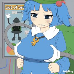 Rule 34 | 1girl, animated, animated gif, blue eyes, blue hair, breasts, female focus, grabbing, grabbing another&#039;s breast, large breasts, mechanical arms, solo, two side up
