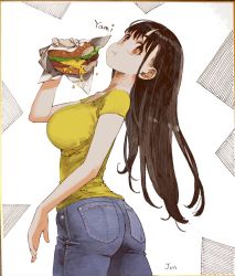 Rule 34 | 1girl, :t, blouse, breasts, brown hair, burger, character name, collarbone, denim, eating, food, from side, highres, holding, holding food, jeans, jun (navigavi), large breasts, long hair, looking back, orange eyes, original, pants, shirt, signature, solo, standing, taut clothes, taut shirt, yellow shirt