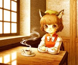 Rule 34 | 1girl, animal ears, bad id, bad pixiv id, cat ears, cat girl, chen, cup, earrings, female focus, hat, jewelry, looking at viewer, solo, souri, tea, teacup, touhou