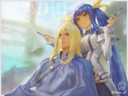 Rule 34 | 1boy, 1girl, blonde hair, blue eyes, blue hair, blue robe, blurry, blurry background, breasts, closed mouth, collared shirt, comb, commentary request, copyright name, cutting hair, dizzy (guilty gear), dress, guilty gear, guilty gear xrd, hair between eyes, hair ribbon, highres, holding, holding comb, holding scissors, ikeda (cpt), ky kiske, large breasts, long hair, mature female, red eyes, ribbon, robe, scissors, shirt, sidelocks, sitting, smile, standing, twintails, very long hair, white dress, yellow ribbon