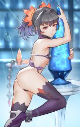 Rule 34 | 1girl, absurdres, anal beads, animal ears, ass, bare arms, bikini, black choker, black hair, braid, butt plug, choker, closed mouth, from side, gradient hair, hair intakes, hairband, high heels, highres, kaze fukeba nanashi, lens flare, leotard, looking at viewer, multicolored hair, nail polish, ponytail, purple hair, purple thighhighs, red eyes, red nails, sex toy, solo, swimsuit, symonne (tales), tales of (series), tales of zestiria, thighhighs, thighs, white footwear