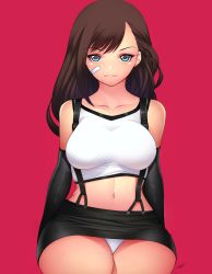 Rule 34 | 1girl, :3, bandage on face, bandages, bare shoulders, breasts, brown hair, closed mouth, collarbone, cowboy shot, detached sleeves, eyelashes, final fantasy, final fantasy vii, final fantasy vii remake, green eyes, highres, juan romero, large breasts, long hair, looking at viewer, miniskirt, navel, panties, pantyshot, parted bangs, red background, signature, simple background, skirt, solo, square enix, suspender skirt, suspenders, thick thighs, thighs, tifa lockhart, underwear