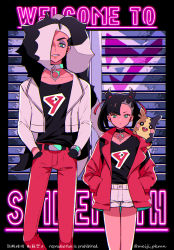 Rule 34 | 1boy, 1girl, asymmetrical bangs, belt, black hair, black shirt, brother and sister, closed mouth, coat, commentary request, creatures (company), cropped jacket, english text, eyelashes, eyeshadow, game freak, gen 8 pokemon, gloves, green eyes, hair ribbon, hands in pockets, jacket, long sleeves, looking at viewer, makeup, marnie (pokemon), meiji ken, morpeko, morpeko (full), multicolored hair, nintendo, official style, on shoulder, pants, parted lips, piers (pokemon), pokemon, pokemon (creature), pokemon on shoulder, pokemon swsh, red ribbon, ribbon, shirt, shorts, siblings, spikemuth, teeth, two-tone hair, white hair, white jacket, white shorts