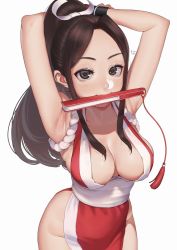 Rule 34 | 1girl, armpits, arms behind head, arms up, breasts, brown eyes, brown hair, folded fan, female focus, folding fan, hand fan, highres, holding, holding fan, large breasts, looking at viewer, matching hair/eyes, mouth hold, nanja, ninja, pelvic curtain, ponytail, revealing clothes, shiranui mai, sideboob, solo, the king of fighters, white background