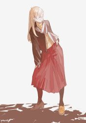 Rule 34 | 1girl, artist name, black legwear, blonde hair, full body, glasses, grey scarf, hand on own hip, hand on own leg, jacket, long hair, long skirt, looking to the side, original, pomodorosa, red skirt, ribbed sweater, scarf, shoes, simple background, skirt, solo, standing, sweater