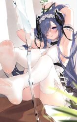 Rule 34 | 1girl, arm behind head, arm garter, armpits, arms up, august von parseval (azur lane), august von parseval (the conquered unhulde) (azur lane), azur lane, bare shoulders, black bow, black bowtie, bow, bowtie, breasts, curled horns, feet, feet up, frilled garter, frilled hairband, frills, garter straps, hair over one eye, hairband, hand in own hair, highres, horns, lace, lace-trimmed legwear, lace trim, long hair, looking at viewer, maid, maid headdress, mechanical horns, medium breasts, no shoes, official alternate costume, one eye covered, parted lips, plant, presenting foot, purple eyes, purple hair, sideboob, sitting, sleeveless, smile, soles, solo, thighhighs, thighs, toe seam, toes, water, wet, wet clothes, white bow, white garter straps, white hairband, white thighhighs, yeije