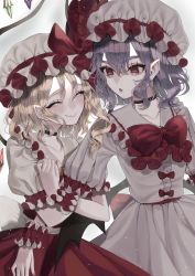 Rule 34 | 2girls, :&gt;, :o, absurdres, back bow, bat wings, black choker, blonde hair, blush, bow, bowtie, buttons, choker, closed eyes, collarbone, commentary request, cowboy shot, crystal, dress, eyebrows hidden by hair, eyelashes, fang, fang out, flandre scarlet, flat chest, frilled shirt collar, frills, gradient background, grey background, hair behind ear, hair between eyes, hat, hat bow, highres, looking at another, medium hair, mob cap, multiple girls, nail polish, open mouth, pink dress, pointy ears, puffy short sleeves, puffy sleeves, purple hair, red bow, red eyes, red nails, red neckwear, red skirt, red vest, remilia scarlet, short sleeves, siblings, simple background, sisters, skin fang, skirt, touhou, vest, white headwear, wings, wrist cuffs, yellow bow, yellow neckwear, zabu rou