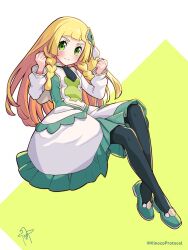 Rule 34 | 1girl, ascot, black ascot, black pantyhose, blonde hair, blunt bangs, blush, braid, buttons, clenched hands, closed mouth, commentary request, cosplay, creatures (company), dress, eyelashes, full body, game freak, green eyes, green footwear, hands up, highres, kinocopro, lillie (pokemon), long hair, looking at viewer, nintendo, pantyhose, pokemon, pokemon masters ex, pokemon sm, serena (pokemon) (cosplay), shoes, smile, solo, twin braids, twitter username, watermark, white dress