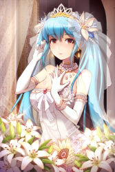Rule 34 | 1girl, blue hair, breasts, dress, elbow gloves, flower, gilse, gloves, large breasts, lily (flower), long hair, lowres, luthica preventer, red eyes, solo, sparkle, sword girls, tiara, twintails, veil, wedding dress