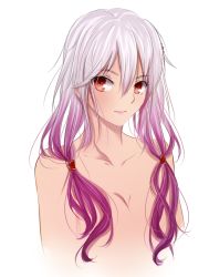 Rule 34 | 10s, 1girl, collarbone, drawfag, flat chest, gradient hair, guilty crown, hair censor, hair over breasts, lips, long hair, multicolored hair, nude, pink hair, red eyes, smile, solo, tusia, twintails, upper body, yuzuriha inori