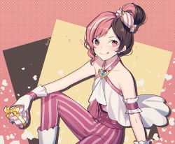 Rule 34 | 1girl, :q, arm strap, box, brown eyes, brown hair, closed mouth, collarbone, earrings, ecru, gloves, heart, heart-shaped pupils, heterochromia, holding, holding box, jewelry, looking at viewer, multicolored hair, neo politan, pants, pink eyes, pink hair, pink pants, pinstripe pants, pinstripe pattern, rwby, short hair, sitting, sleeveless, smile, solo, split-color hair, striped clothes, striped pants, symbol-shaped pupils, tongue, tongue out, two-tone hair, vertical-striped clothes, vertical-striped pants, white gloves