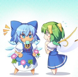 Rule 34 | 0 0, 2girls, :o, barefoot, blue bow, blue dress, blue eyes, blue hair, blue skirt, blue vest, blush stickers, bow, chibi, chima q, cirno, commentary request, daiyousei, dress, fairy wings, flower, flying sweatdrops, food, from side, full body, hair between eyes, hair bow, halftone, halftone background, hands on own hips, hands up, ice, ice wings, jitome, leaf, looking at another, mouth hold, multiple girls, neck ribbon, one side up, parted lips, pinafore dress, plant, popsicle, profile, puffy short sleeves, puffy sleeves, purple flower, red ribbon, ribbon, shadow, shirt, short hair, short sleeves, skirt, skirt set, sleeveless dress, smile, standing, sunflower, tanned cirno, touhou, vest, vines, white background, white shirt, wings, yellow bow