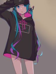 Rule 34 | 1girl, aira (exp), aqua eyes, aqua hair, baggy clothes, baseball cap, black hat, black hoodie, chestnut mouth, cowboy shot, drawstring, gradient background, grey background, hair ornament, hand up, hat, hatsune miku, highres, hood, hoodie, long hair, looking at viewer, naked hoodie, no pants, solo, twintails, very long hair, vocaloid