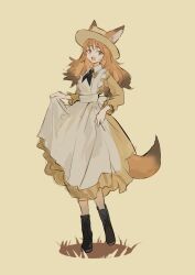 Rule 34 | 1girl, animal ears, apron, black footwear, black ribbon, boots, brown background, brown dress, brown eyes, brown hair, collared dress, commentary request, dress, fox ears, fox girl, fox tail, full body, grass, highres, long hair, long sleeves, looking at viewer, nago nago, neck ribbon, open mouth, original, ribbon, simple background, skirt hold, smile, solo, tail, white apron