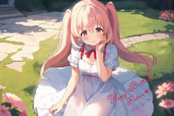 Rule 34 | 1girl, akazaki kokoro, blurry, blurry foreground, blush, breasts, cleavage cutout, closed mouth, clothing cutout, cowboy shot, dated, day, dosukoi humitarou, dress, flower, grass, hair between eyes, hand on own cheek, hand on own face, hand up, happy birthday, highres, idoly pride, long hair, looking at viewer, medium breasts, outdoors, pink eyes, pink flower, pink hair, short sleeves, sitting, smile, solo, twintails, white dress