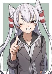 Rule 34 | 1girl, amatsukaze (kancolle), brown eyes, collarbone, commentary request, drawstring, grey jacket, grin, hair tubes, highres, hood, hooded sweater, jacket, kantai collection, long hair, one-hour drawing challenge, one eye closed, smile, solo, sweater, two side up, umibudou, upper body, white hair, white sweater