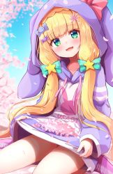 Rule 34 | 1girl, :3, :d, animal hood, aqua eyes, baram, blonde hair, blunt bangs, blurry, blurry background, bow, candy hair ornament, cherry blossoms, clothes writing, commentary, day, drawstring, food-themed hair ornament, hair bow, hair ornament, head tilt, highres, hood, hood up, hoodie, long hair, long sleeves, looking at viewer, mononobe alice, mononobe alice (9th costume), nijisanji, open mouth, outdoors, petals, puffy long sleeves, puffy sleeves, shirt basket, sitting, smile, solo, thighs, virtual youtuber