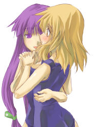 Rule 34 | 2girls, arched back, blonde hair, blush, eye contact, female focus, green ribbon, hair ribbon, holding hands, hug, interlocked fingers, kirisame marisa, long hair, looking at another, multiple girls, naughty face, one-piece swimsuit, open mouth, patchouli knowledge, purple eyes, purple hair, ribbon, school swimsuit, shy, simple background, smile, surprised, swimsuit, touhou, very long hair, white background, yellow eyes, yohane, yuri