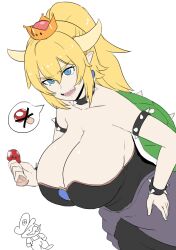 Rule 34 | bare shoulders, blonde hair, blue earrings, blue eyes, bowsette, bracelet, breasts, earrings, hand on own hip, highres, jewelry, large breasts, mario, mario (series), nao (ritsancrossover), new super mario bros. u deluxe, nintendo, ponytail, super crown, super mushroom, tagme, wristband