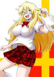 Rule 34 | 10s, 1girl, ben-tou, blonde hair, blue eyes, breasts, female focus, impossible clothes, impossible shirt, jean-louis (yuasa rengou), large breasts, long hair, school uniform, shaga ayame, shirt, skirt, smile, solo