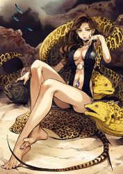 Rule 34 | 1girl, animal, barefoot, breasts, brown hair, center opening, cleavage, earrings, fish, jewelry, large breasts, long hair, looking at viewer, makeup, moray eel, navel piercing, one-piece swimsuit, piercing, solo, stingray, swimsuit, tail, ttk (ehohmaki), underwater
