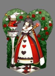 Rule 34 | 1girl, alice in wonderland, animal, black hair, breasts, checkered floor, choker, cleavage, cloak, clothed animal, crossed arms, crown, dress, earrings, flower, heart, instrument, jewelry, medium breasts, mini crown, original, queen of hearts (alice in wonderland), red footwear, rose, scepter, shoes, solo, trumpet, white flower, white rabbit (alice in wonderland), white rose, yellow eyes, youcapriccio, yuu (higashi no penguin)