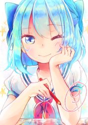 Rule 34 | circled 9, 1girl, ;), alternate costume, blue eyes, blue hair, blush, bow, cirno, dress, face, hair ribbon, hand on own face, looking at viewer, matching hair/eyes, one eye closed, pencil, puffy sleeves, ribbon, school uniform, short hair, short sleeves, smile, solo, star (symbol), touhou, wink, yennineii