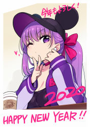 Rule 34 | 1girl, alternate costume, animal ears, asymmetrical hair, baseball cap, bb (fate), bb (fate/extra), black hat, black shirt, blowing kiss, blush, breasts, chan co, choker, cleavage, coffee cup, cup, disposable cup, earrings, fate/extra, fate/extra ccc, fate/grand order, fate (series), hair ribbon, hat, heart, jacket, jewelry, large breasts, letterman jacket, long hair, looking at viewer, mouse ears, new year, one eye closed, open mouth, pink ribbon, ponytail, puckered lips, purple eyes, purple hair, purple jacket, ribbon, shirt, sitting, solo, translation request, very long hair, w