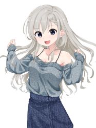 Rule 34 | 1girl, :d, bare shoulders, blue eyes, blue skirt, blush, braid, braided bangs, breasts, collarbone, commentary request, denim, denim skirt, earrings, grey hair, grey sweater, hair between eyes, hands up, highres, hisakawa hayate, idolmaster, idolmaster cinderella girls, idolmaster cinderella girls starlight stage, jewelry, long hair, long sleeves, looking at viewer, nail polish, off-shoulder sweater, off shoulder, open mouth, pink nails, shiwa (siwaa0419), simple background, skirt, sleeves past wrists, small breasts, smile, solo, sweater, v-shaped eyebrows, very long hair, white background