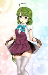 Rule 34 | 1girl, :p, ahoge, blouse, bow, bowtie, braid, cowboy shot, eyebrows, fingerless gloves, gloves, gradient background, green hair, grey thighhighs, hair between eyes, halterneck, highres, kantai collection, long hair, looking at viewer, mole, mole under mouth, multicolored background, mushoku no hourousha, personification, pleated skirt, purple skirt, school uniform, shirt, short sleeves, skirt, skirt hold, smile, solo, standing, thighhighs, tongue, tongue out, very long hair, vest, white shirt, yuugumo (kancolle), yuugumo kai ni (kancolle)